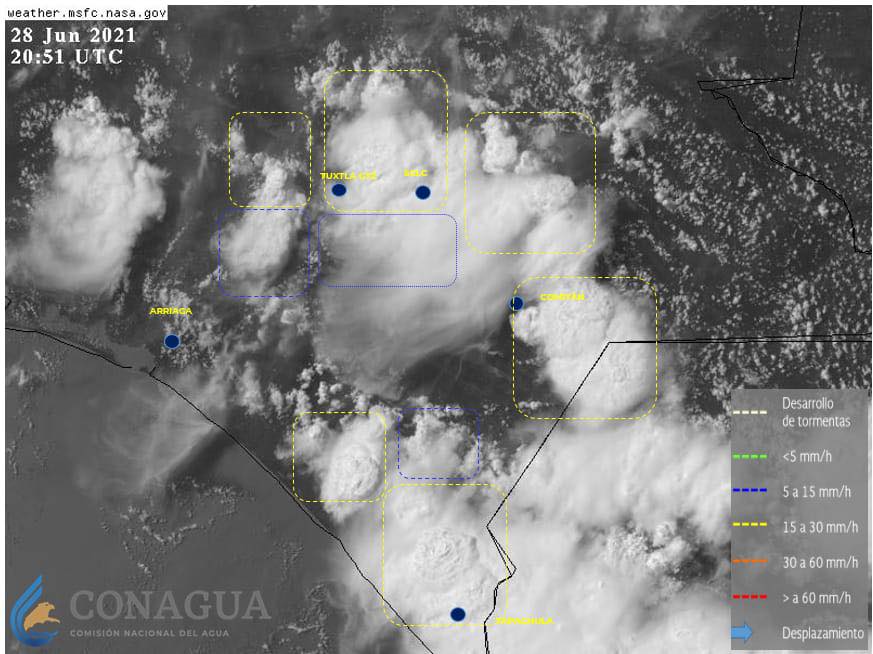 Boletín extraordinario: Tormenta fuerte dentro de las siguientes dos horas en TGZ. CONAGUA