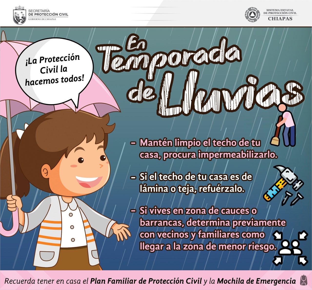 Protección Civil te brinda las siguientes recomendaciones para la temporada de Lluvias y Ciclones.