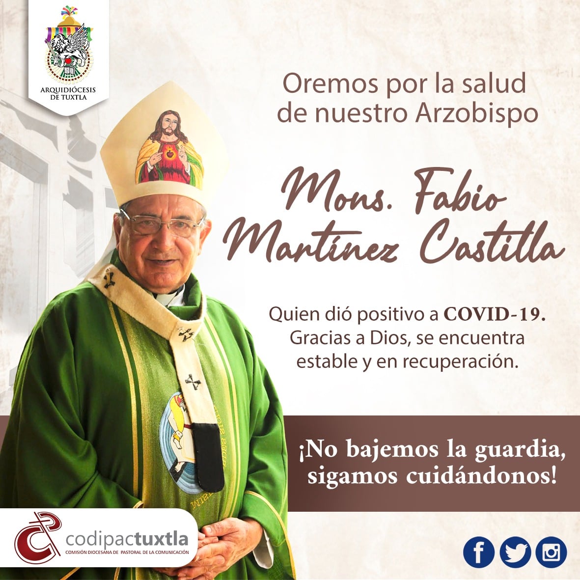 Arquidiócesis de Tuxtla Gutiérrez confirma que el Arzobispo dio positivo a Covid