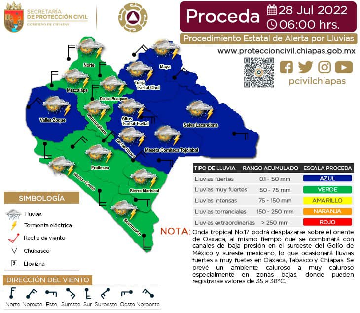 Procedimiento Estatal de Alerta por probables Lluvias en Chiapas 28/07/2022