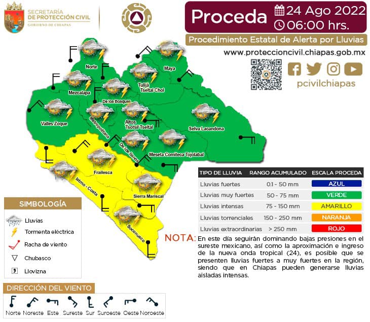 Procedimiento Estatal de Alerta por Probables Lluvias en Chiapas 24/08/2022