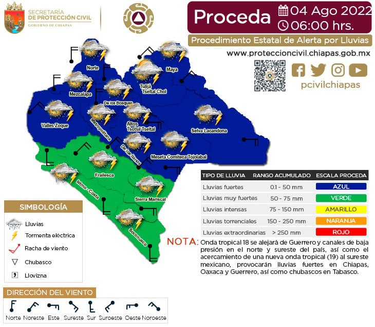 Procedimiento Estatal de Alerta por Probables Lluvias en Chiapas 04/08/2022