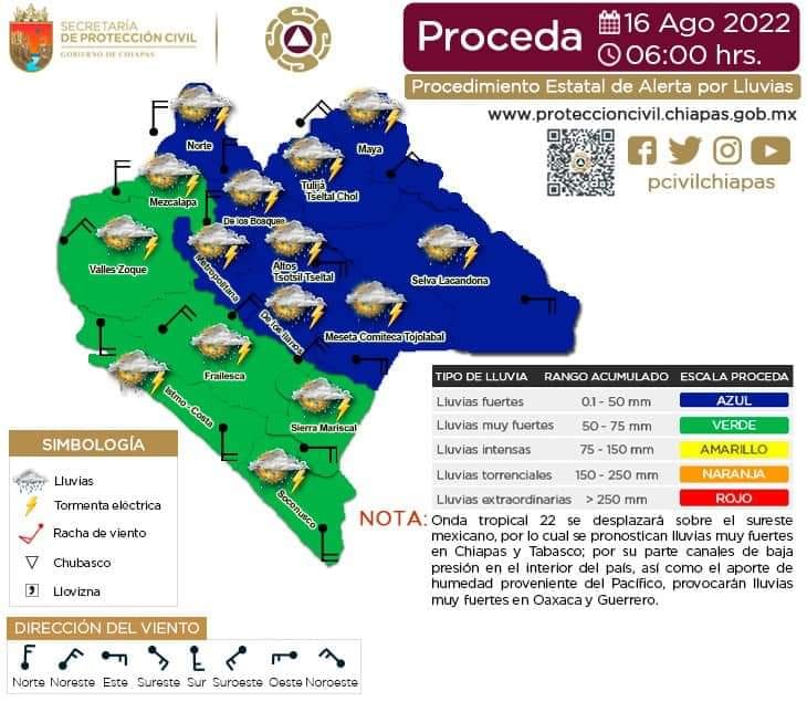 Procedimiento Estatal de Aleta por Probables lluvias en Chiapas 16/08/2022