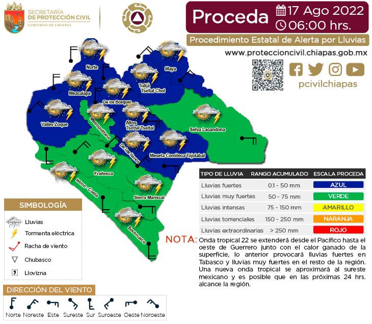 Procedimiento Estatal de Alerta por Probables Lluvias en Chiapas 17/08/2022