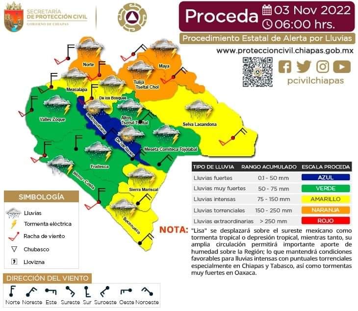 Procedimiento Estatal de Alerta por Probables Lluvias en Chiapas 03/11/2022