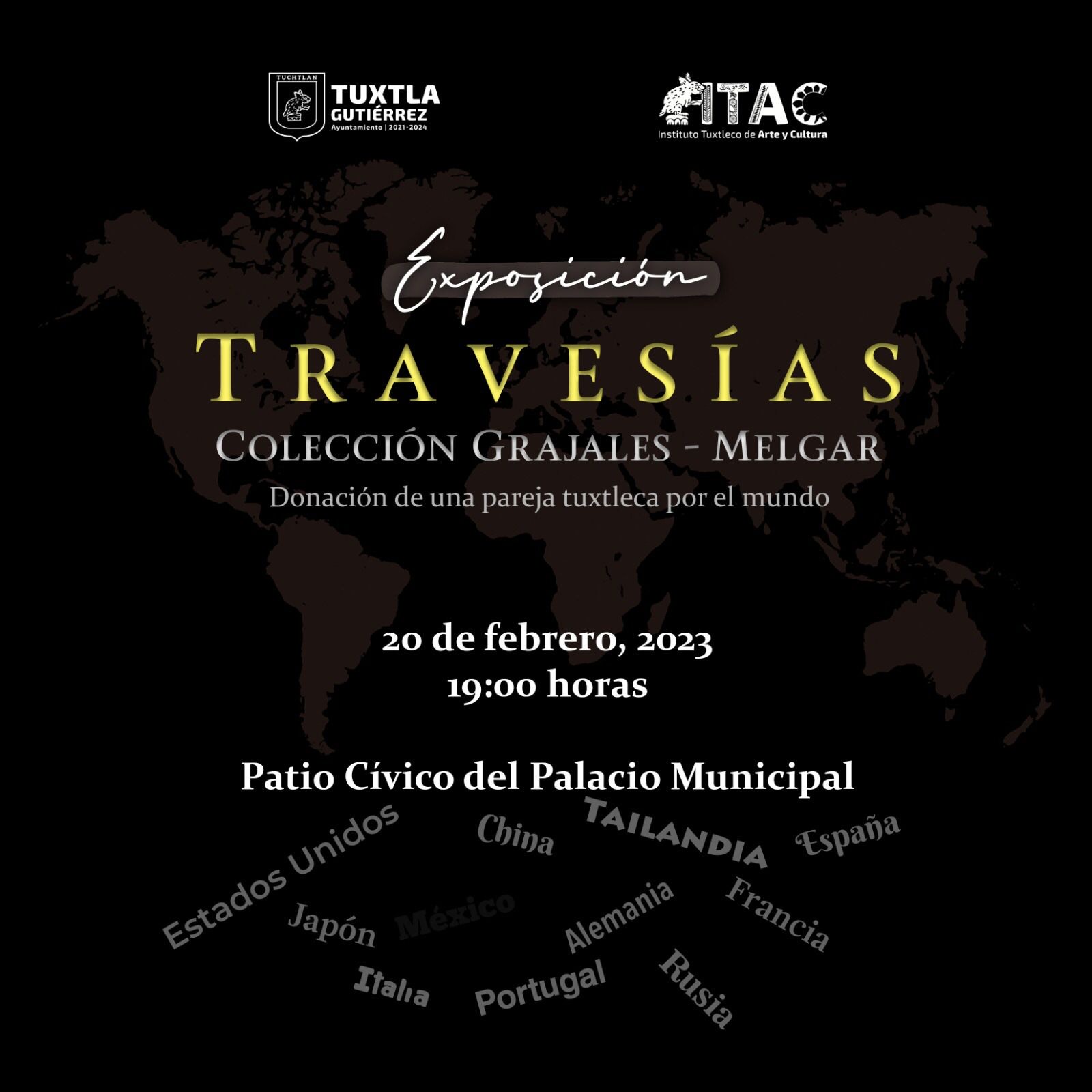 El Ayuntamiento de Tuxtla Gutiérrez, a través del Instituto Tuxtleco de Arte y Cultura, invita a la inauguración de la exposición «Travesías: Colección Grajales – Melgar» el lunes 20 de febrero a las 19:00 horas en el Patio Cívico del Palacio Municipal.