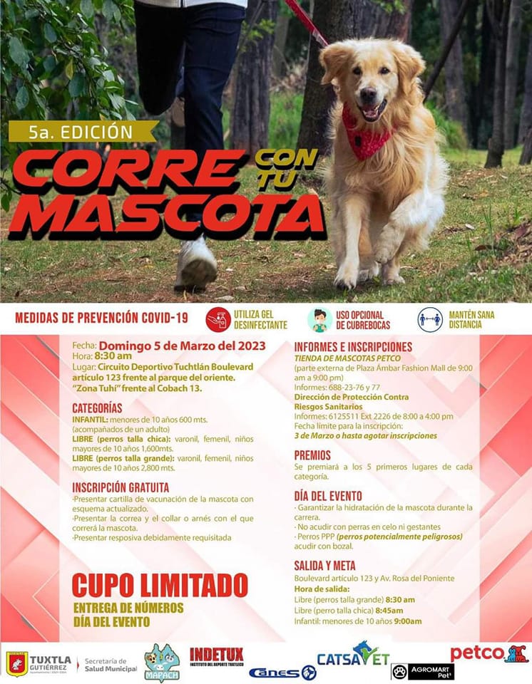 La Secretaría de Salud Municipal invitan a la 5a Edición de “Corre Con Tu Mascota”.