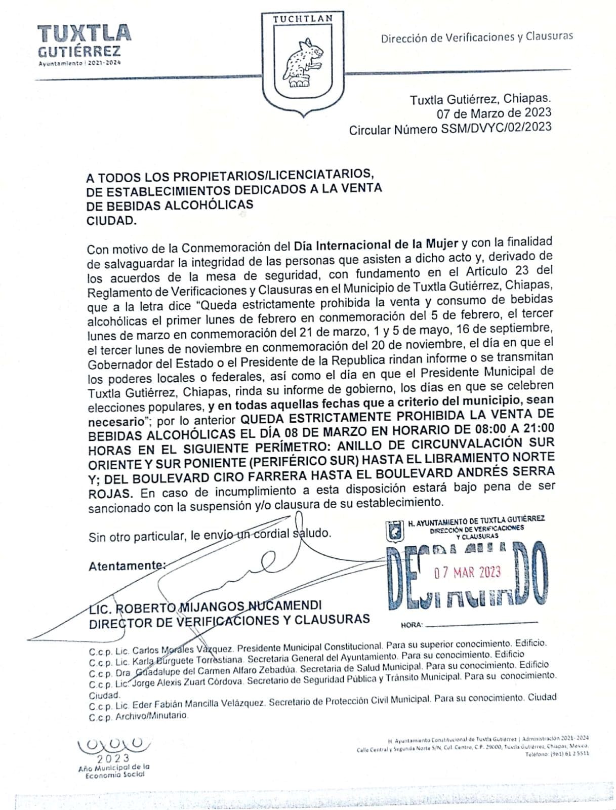 Ley Seca en Tuxtla Gutiérrez este miércoles 08 de marzo de 08:00 horas y hasta las 21:00 horas.