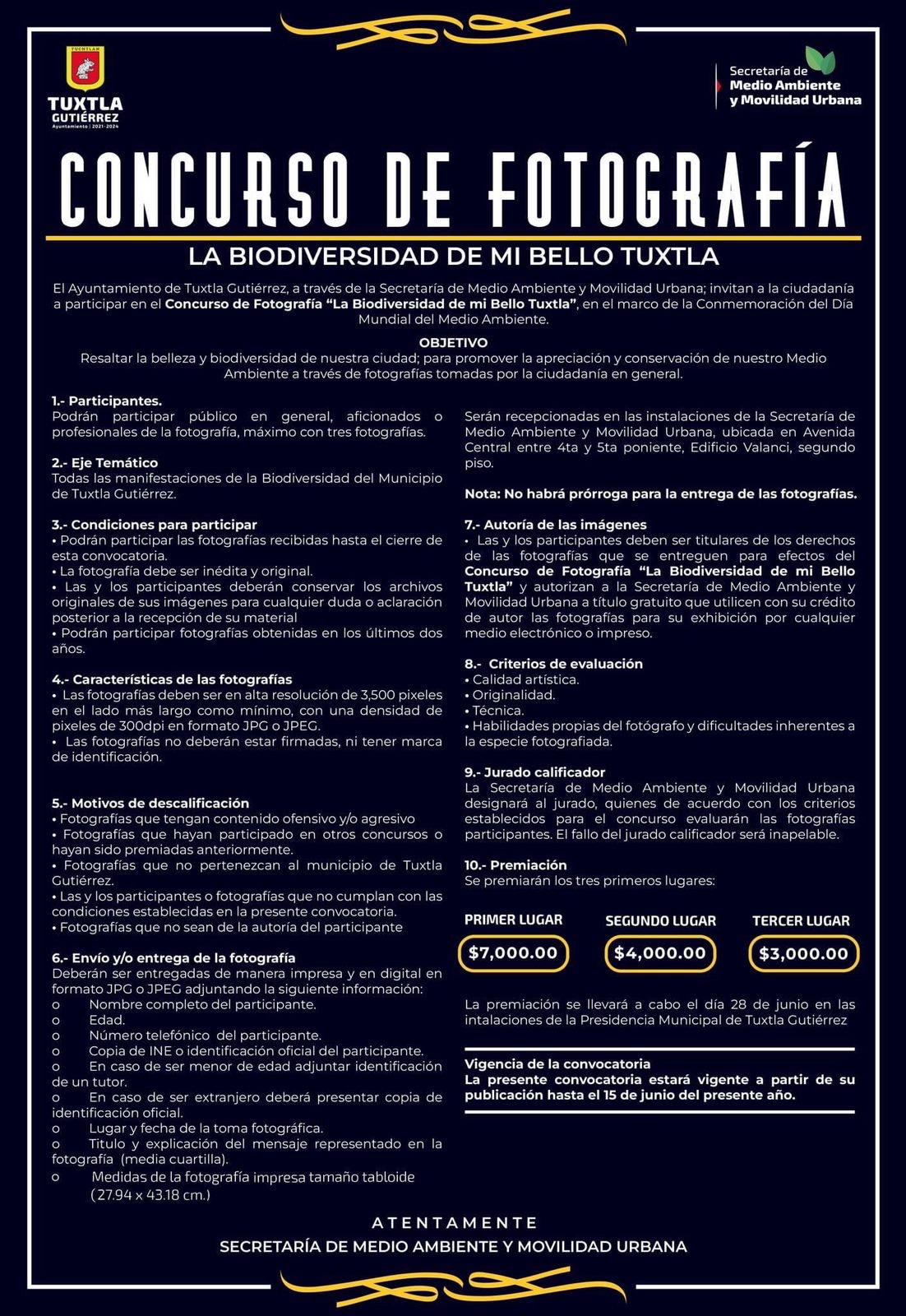 «Concurso de Fotografía » La biodiversidad de mi Bello Tuxtla» en el marco de la conmemoración del Día Mundial del Medio Ambiente.