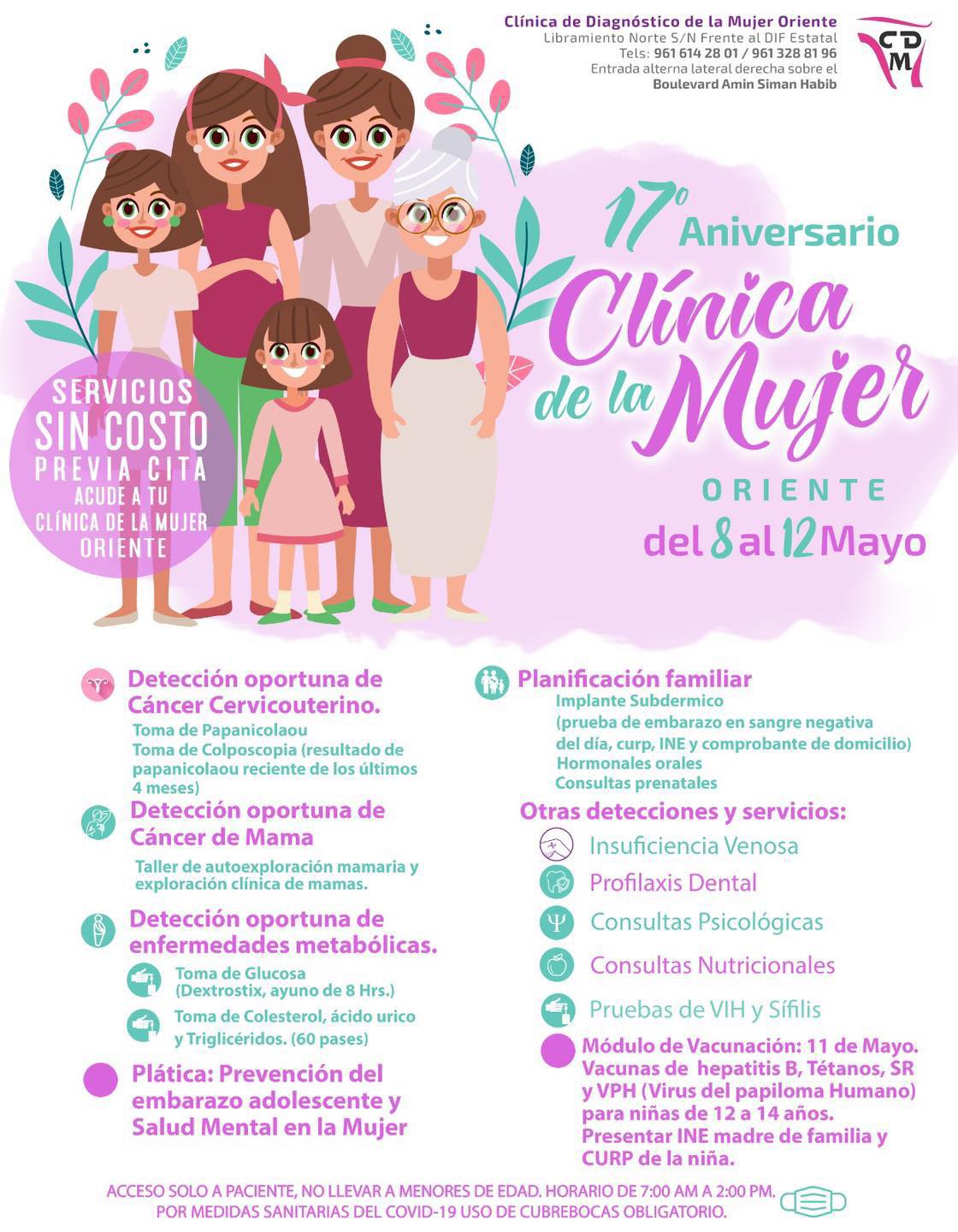 Aprovecha los servicios médicos gratuitos, del 8 al 12 de Mayo en la Clinica de la Mujer oriente