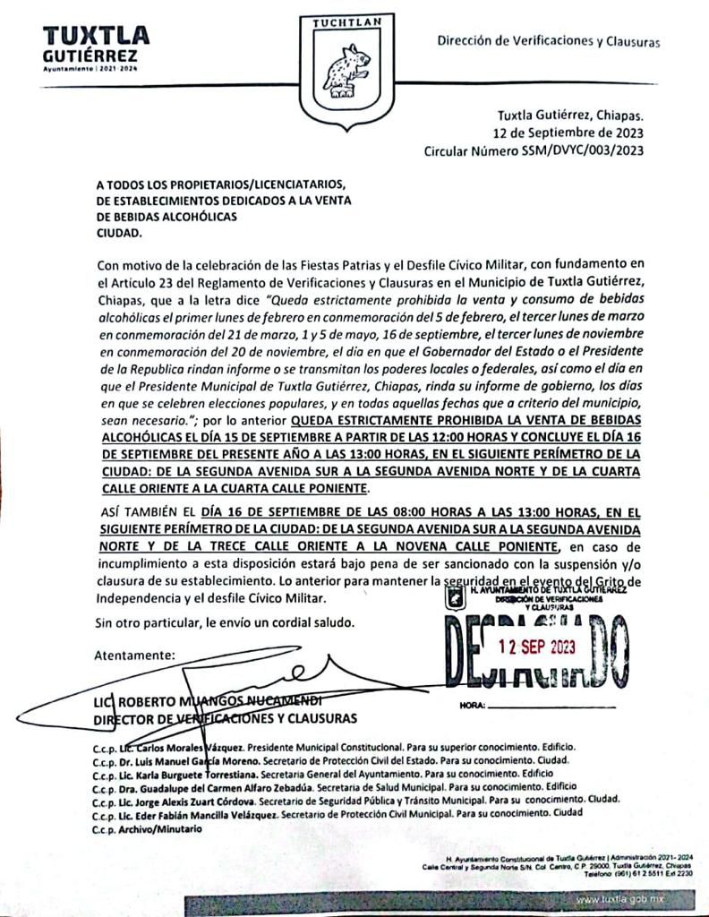 •Unidad y Prudencia: Invitación del Alcalde de Tuxtla GUtiérrez, Chiapas ante la Ley Seca por Fiestas Patrias