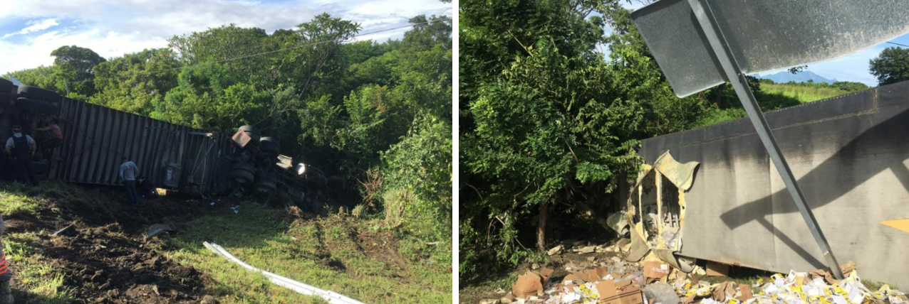 Dos trailers se salen de la carretera en la vía Pijijiapan-Tonalá en Chiapas.