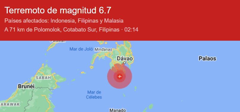 Terremoto con epicentro en Filipinas, magnitud 6.7