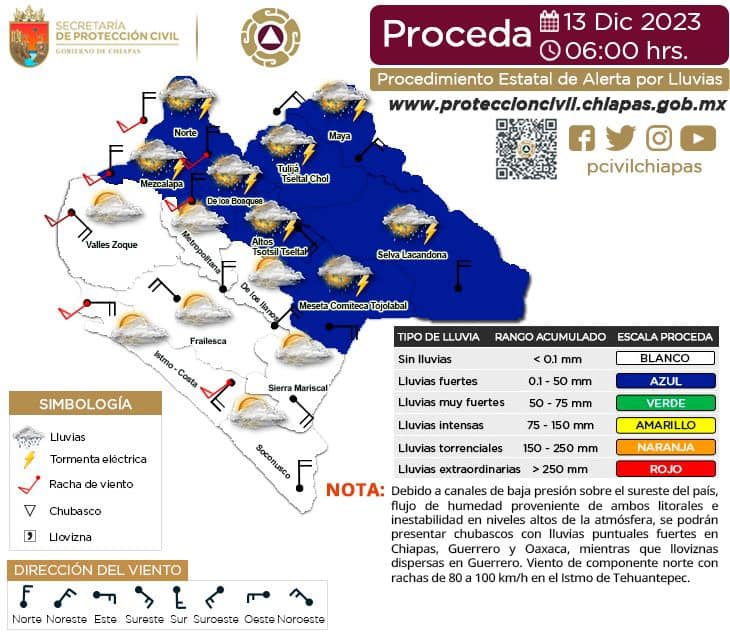 Procedimiento Estatal de Alerta por Probables Lluvias en Chiapas. 13/12/2023