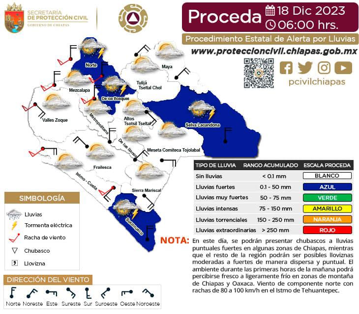 Procedimiento Estatal de Alerta por Probables Lluvias en Chiapas. 18/12/2023