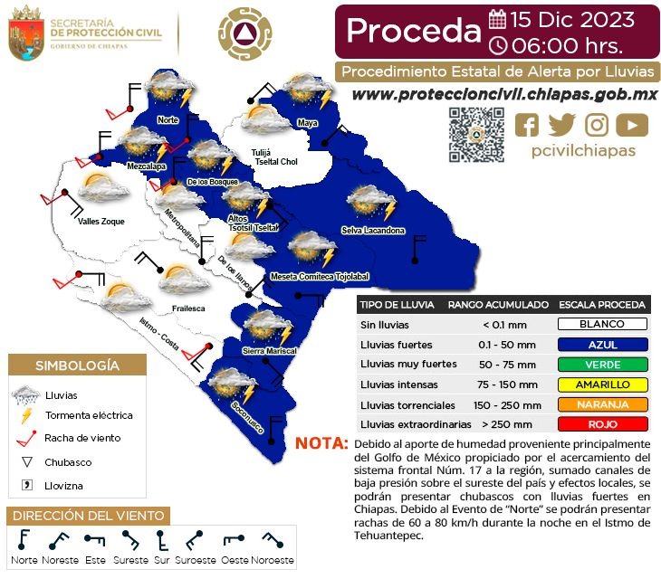 Procedimiento Estatal de Alerta por Probables Lluvias en Chiapas. 15/12/2023