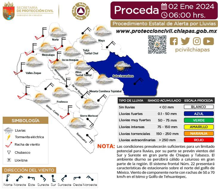 Procedimiento Estatal de Alerta por Probables Lluvias en Chiapas. 02/01/2024