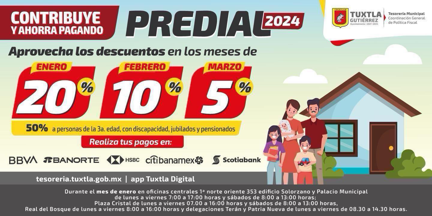 En febrero 10% de descuento en pago Predial en Tuxtla Gutiérrez, Chiapas.