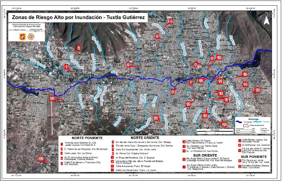 La Secretaría de Protección Civil Municipal de Tuxtla Gutiérrez difunde las zonas riesgo por lluvias